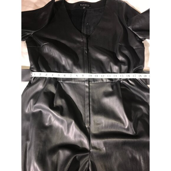 Eloquii Women's Black Plus Size Faux Leather Belted V Neck  Goth Glam Jumpsuit - Picture 7 of 10